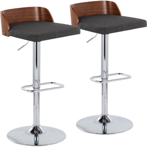 Maya Adjustable Swivel Bar Stool in Chrome, Walnut Wood & Charcoal Fabric (Set of 2)